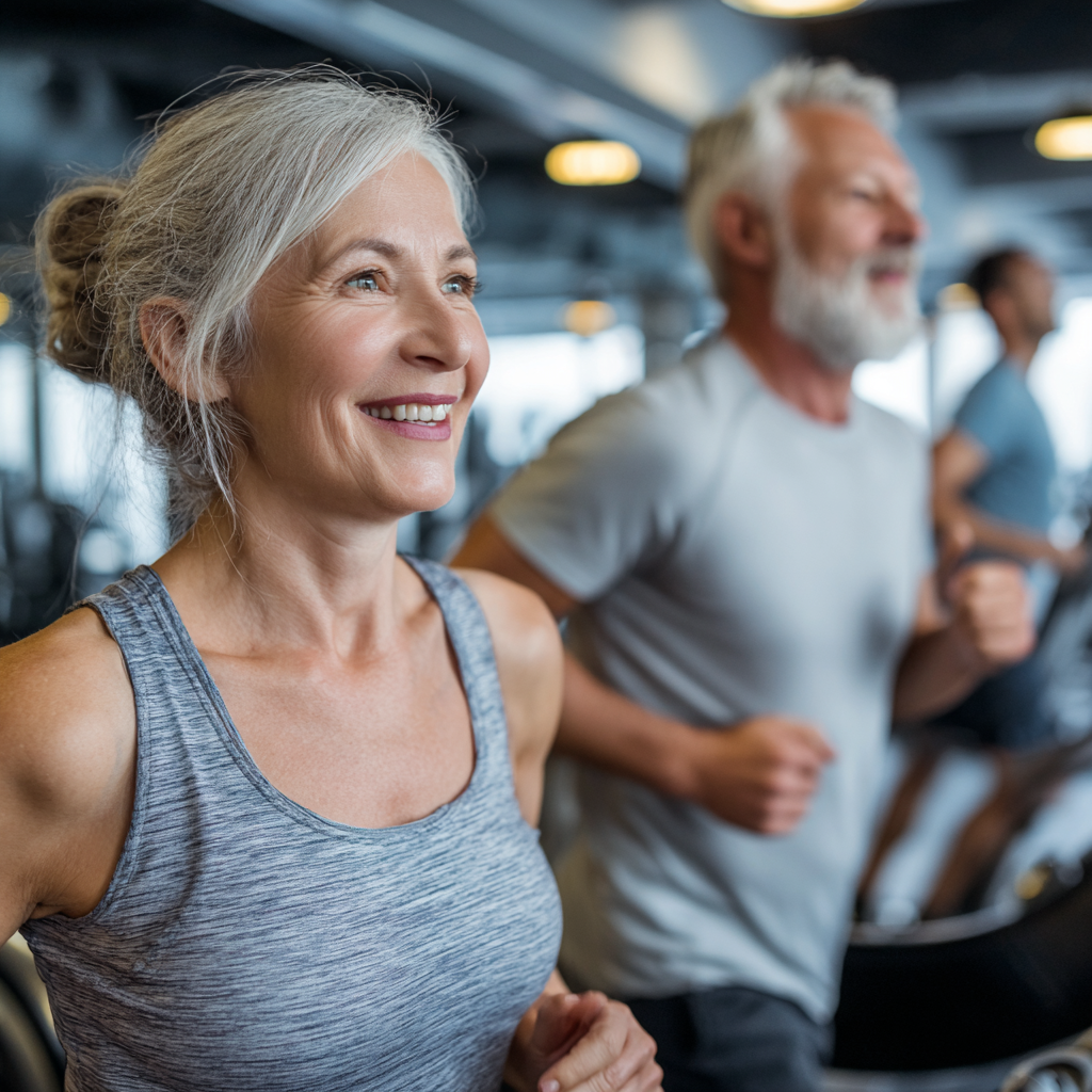 Active mature adults exercising together in modern fitness environment